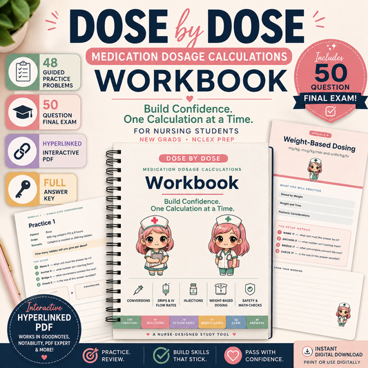 Dose by Dose | Medication Dosage Calculations Workbook — 106 Pages, 98 Practice Problems, Hyperlinked PDF