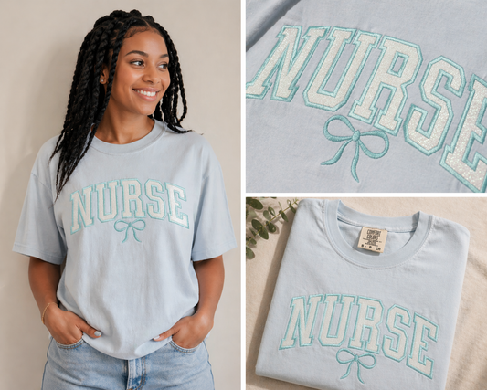 Nurse Varsity Bow Glitter Appliqué Tee – Comfort Colors Premium T-Shirt