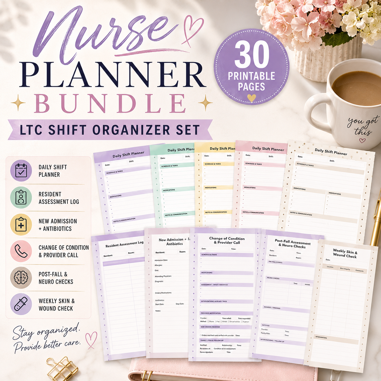 Nurse Planner Bundle in 5 Colors | 30 Printable LTC Shift Organizer Pages