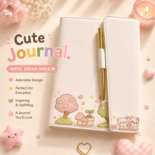 Cream faux leather journal with a pastel cherry blossom picnic scene of trees, mushrooms and little bears, titled Cute Journal write dream smile, shown with a matching gold pen