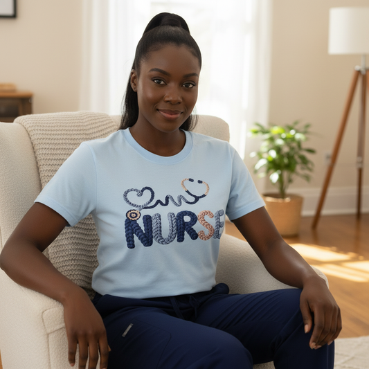 Crochet Nurse T-Shirt sleek ponytail model