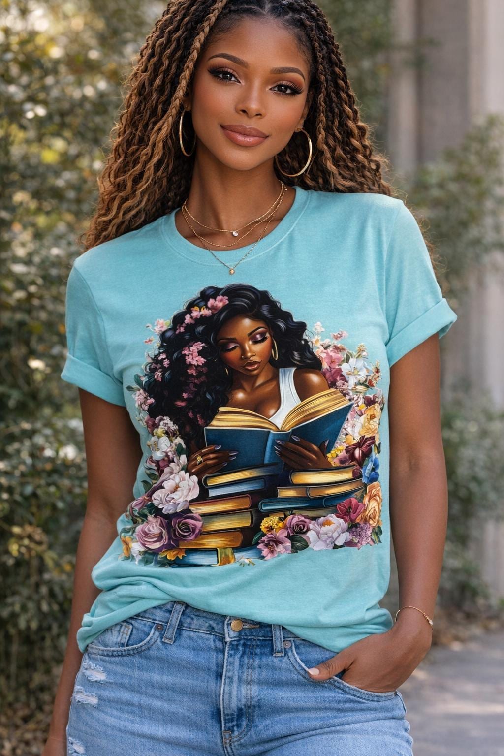 Book'd and Busy T-Shirt shown on a model, Black woman book lover graphic tee
