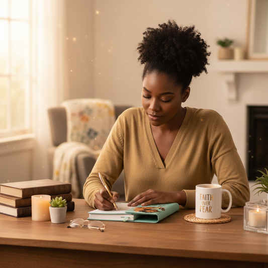 Faith Over Fear Journal Black woman writing at cozy desk with coffee