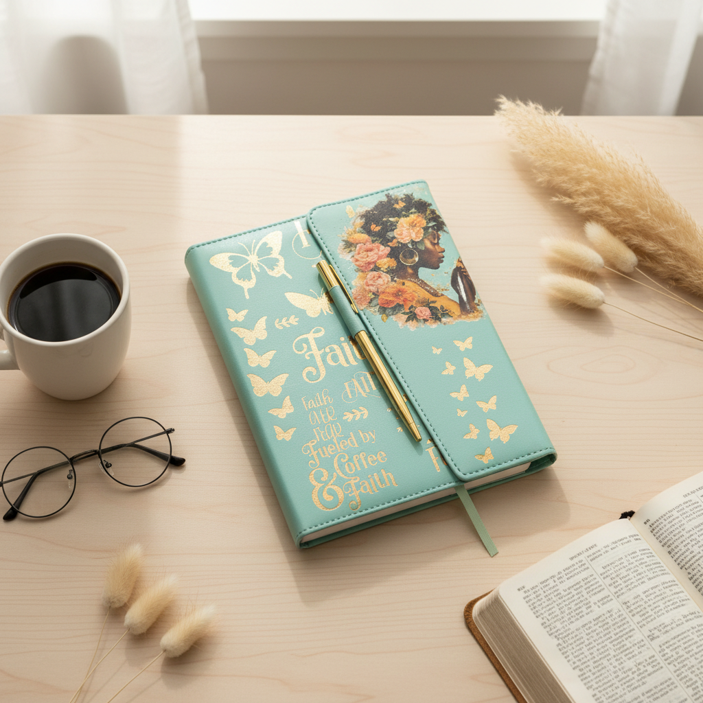 Faith Over Fear Journal realistic flat lay with coffee mug and flowers