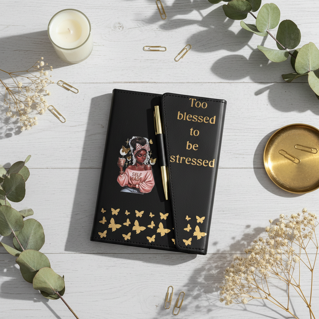 Too Blessed To Be Stressed Journal realistic flat lay with gold accents and flowers