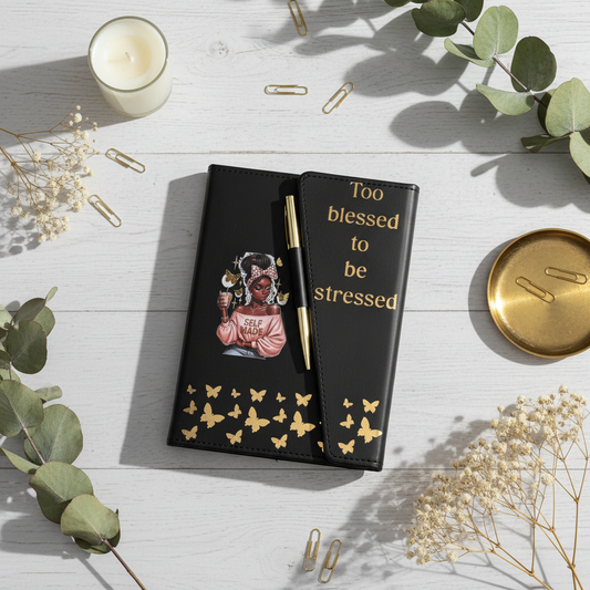Too Blessed To Be Stressed Journal realistic flat lay with gold accents and flowers
