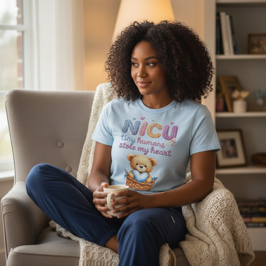 NICU Tiny Humans T-Shirt seated lifestyle with scrub pants