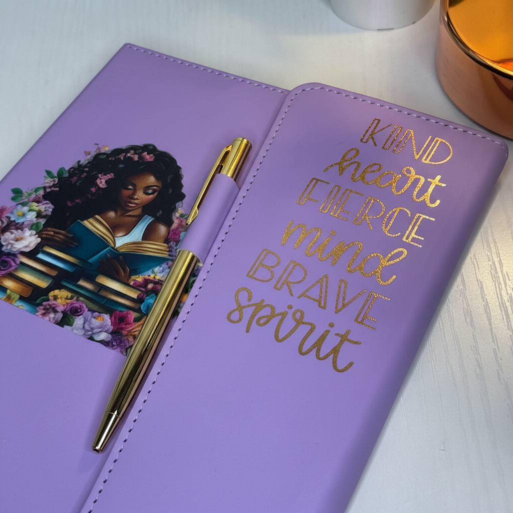 Kind Heart Fierce Mind Brave Spirit Journal close up gold lettering cover detail