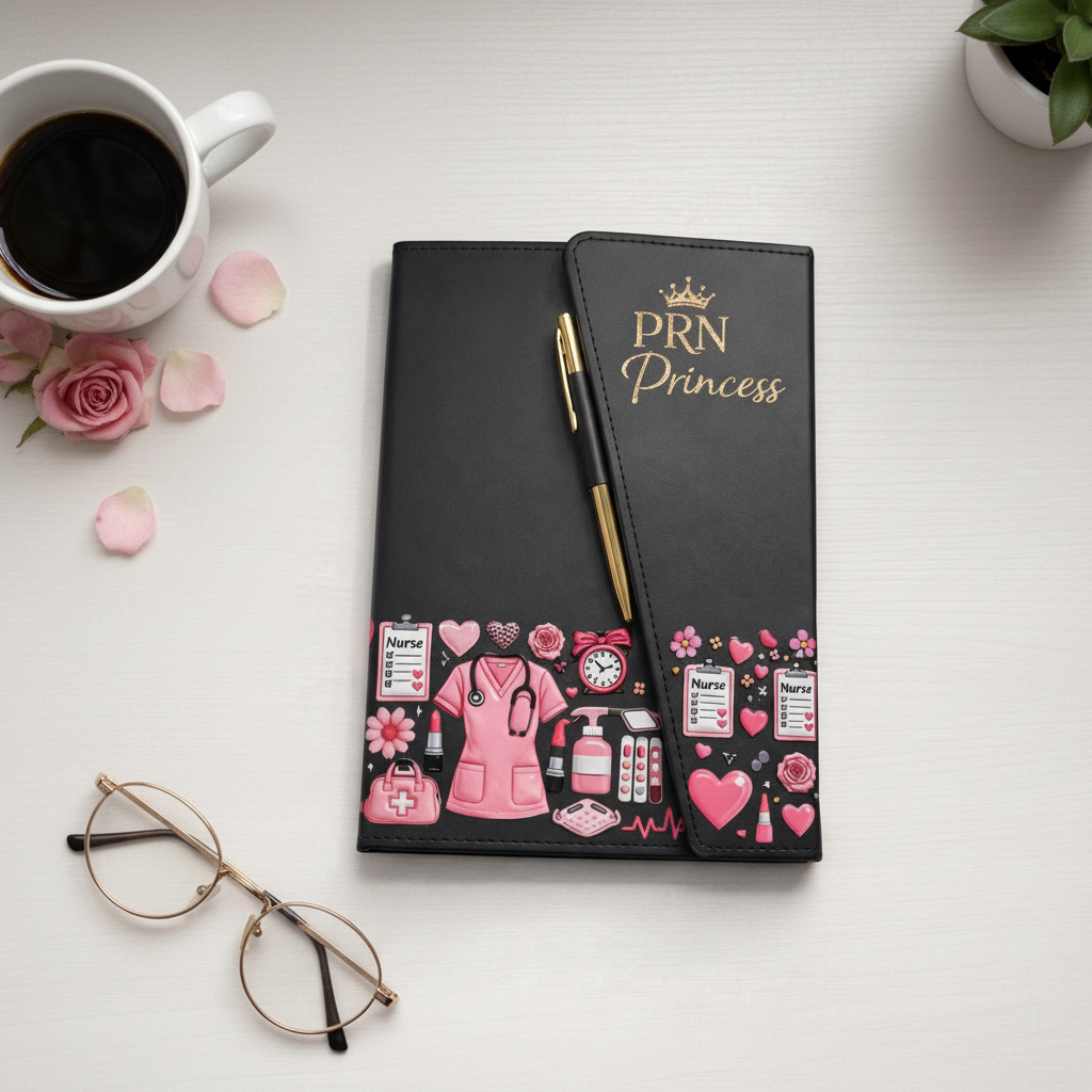 PRN Princess Journal lifestyle flat lay with coffee and nurse accessories