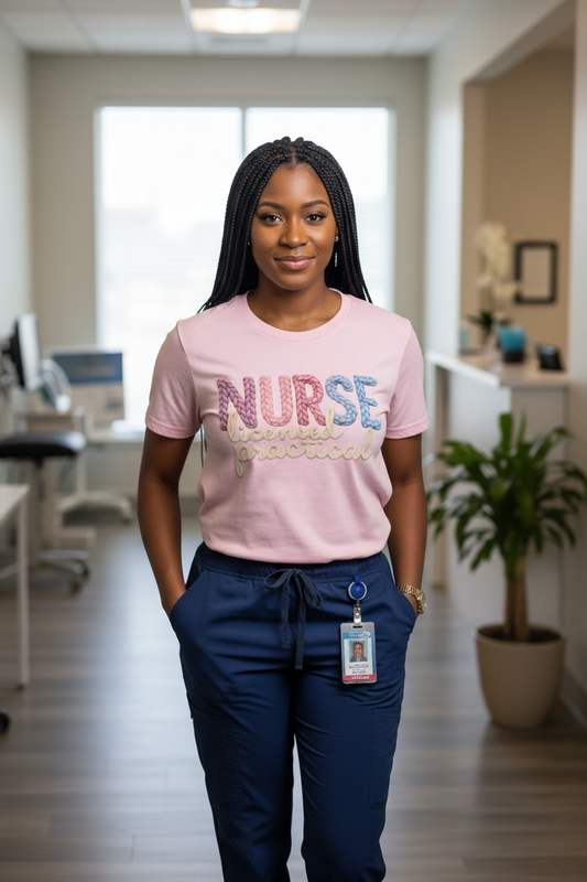 LPN Licensed Practical Nurse T-Shirt full body standing model with box braids