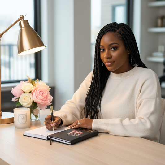Too Blessed To Be Stressed Journal Black woman with box braids writing at stylish desk