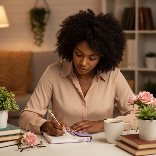 Kind Heart Fierce Mind Brave Spirit Journal Black woman writing at cozy desk