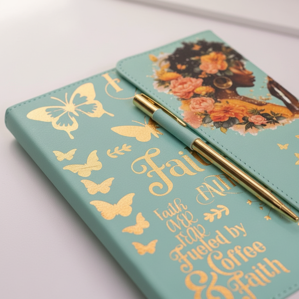 Faith Over Fear Journal close up mint green cover with gold foil lettering