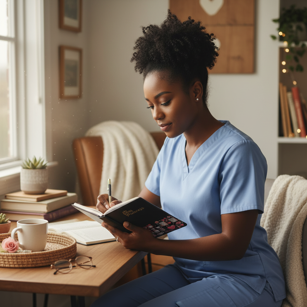 PRN Princess Journal Black woman nurse writing at desk in scrubs