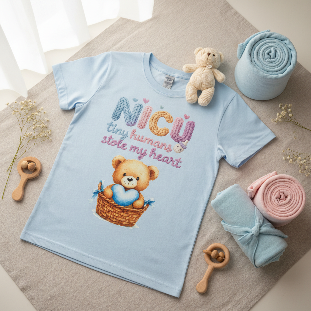 NICU Tiny Humans T-Shirt styled flat lay close up
