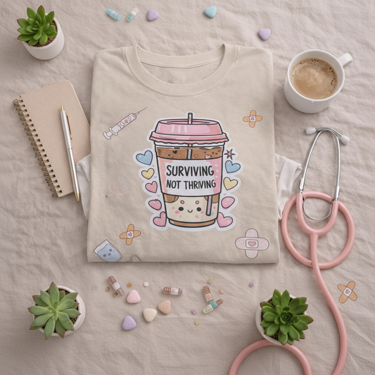 Surviving Not Thriving T-Shirt styled flat lay with coffee and nurse props