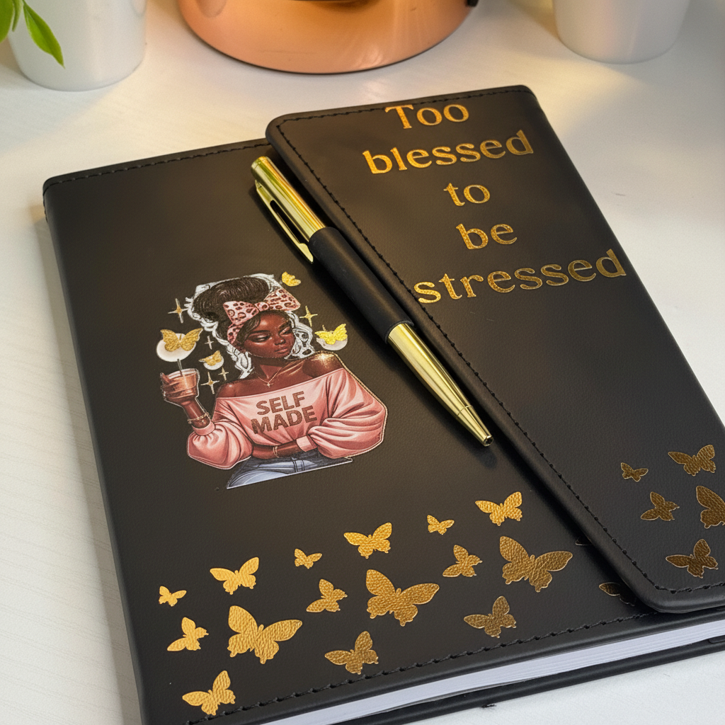 Too Blessed To Be Stressed Journal close up matte black cover with gold butterfly detail