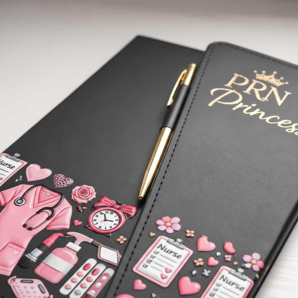 PRN Princess Journal close up detail of faux leather cover and gold lettering
