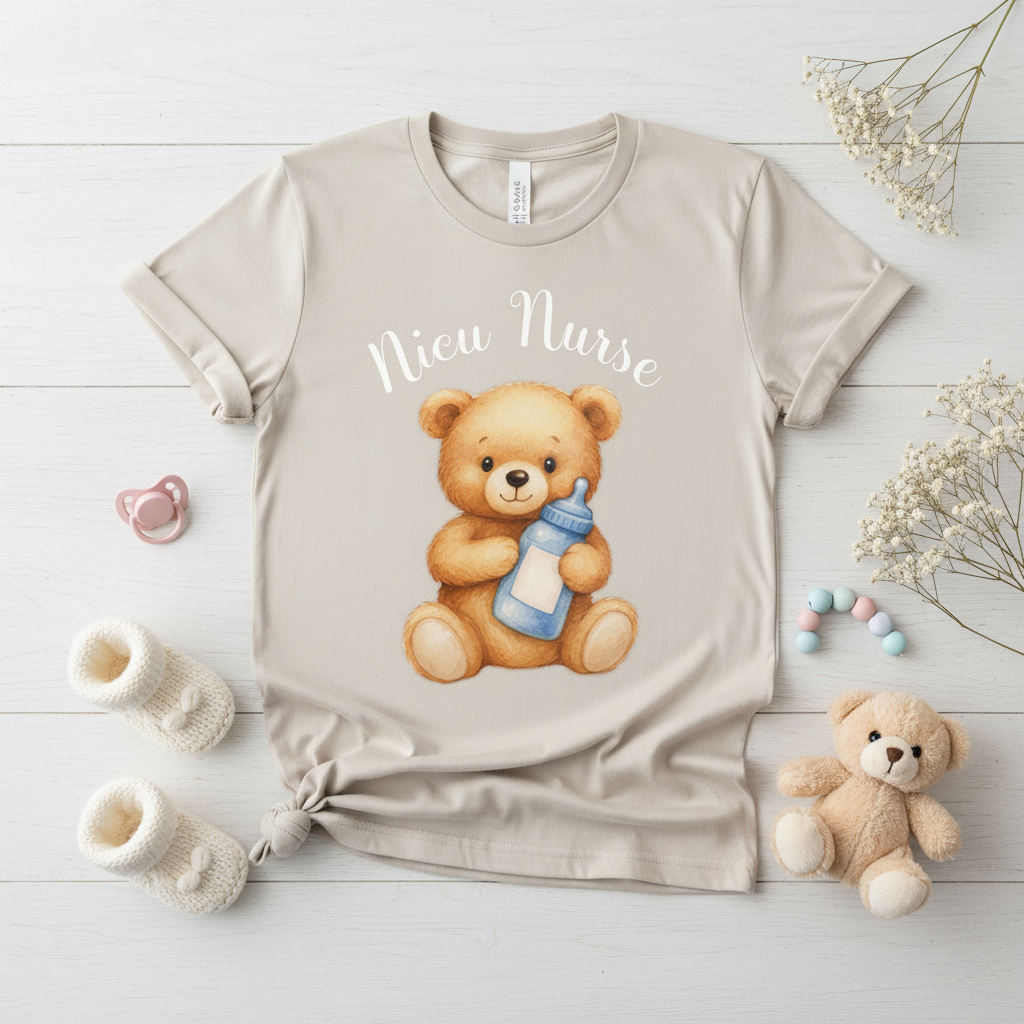 NICU Teddy T-Shirt styled flat lay close up