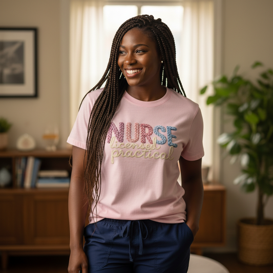 LPN Licensed Practical Nurse T-Shirt lifestyle model with box braids in scrubs
