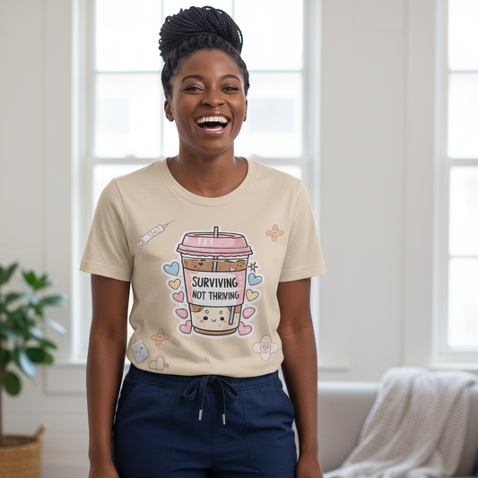 Surviving Not Thriving T-Shirt lifestyle model with box braids laughing in scrubs