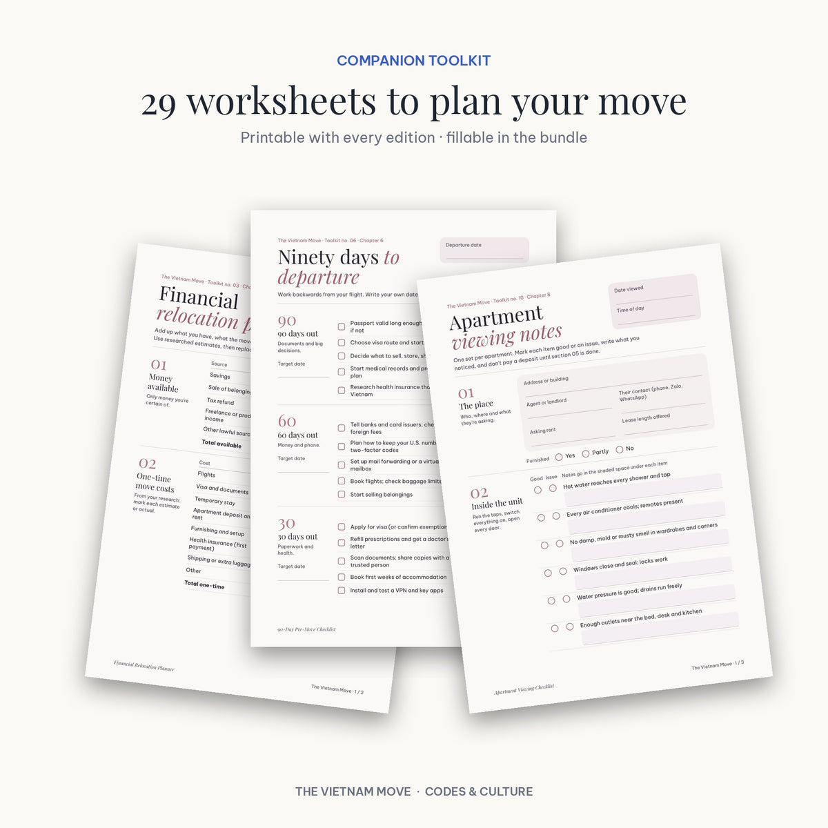 Three fillable worksheets from The Vietnam Move toolkit: Financial Relocation Planner, 90-Day Pre-Move Checklist and Apartment Viewing Checklist