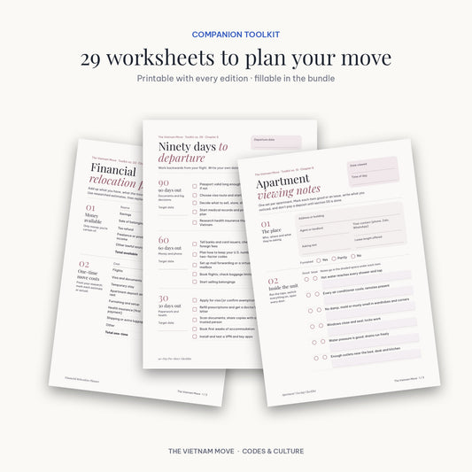 Three fillable worksheets from The Vietnam Move toolkit: Financial Relocation Planner, 90-Day Pre-Move Checklist and Apartment Viewing Checklist