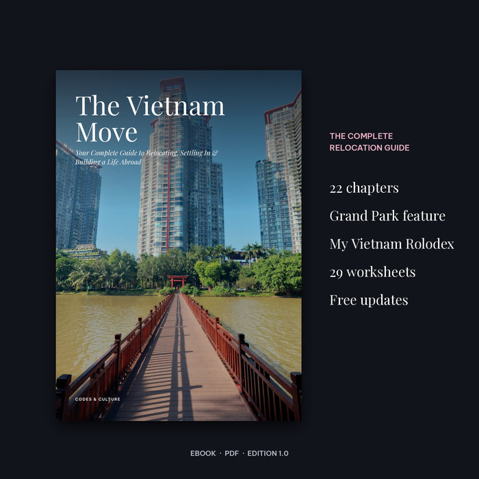 The Vietnam Move ebook cover: red footbridge toward Ho Chi Minh City high-rises