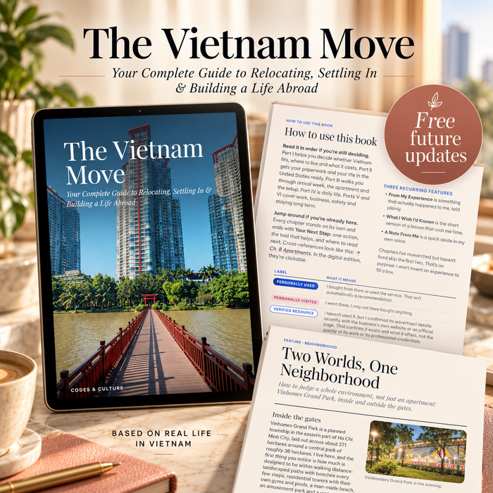 The Vietnam Move ebook on a tablet with How to Use This Book and Grand Park feature pages, with free future updates