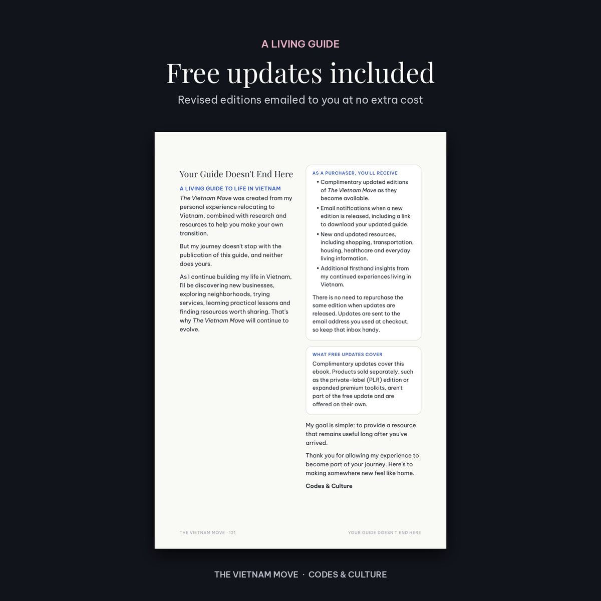 Your Guide Doesn't End Here page explaining free updates to The Vietnam Move