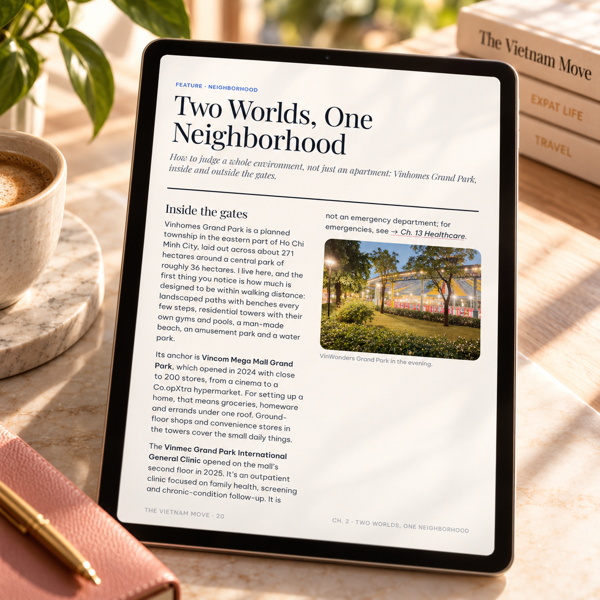 Tablet showing the Two Worlds, One Neighborhood feature on Vinhomes Grand Park from The Vietnam Move