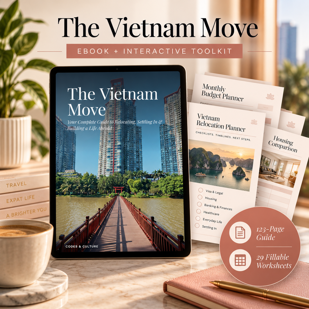 The Vietnam Move guide and interactive toolkit shown on a tablet with printed worksheets on a desk
