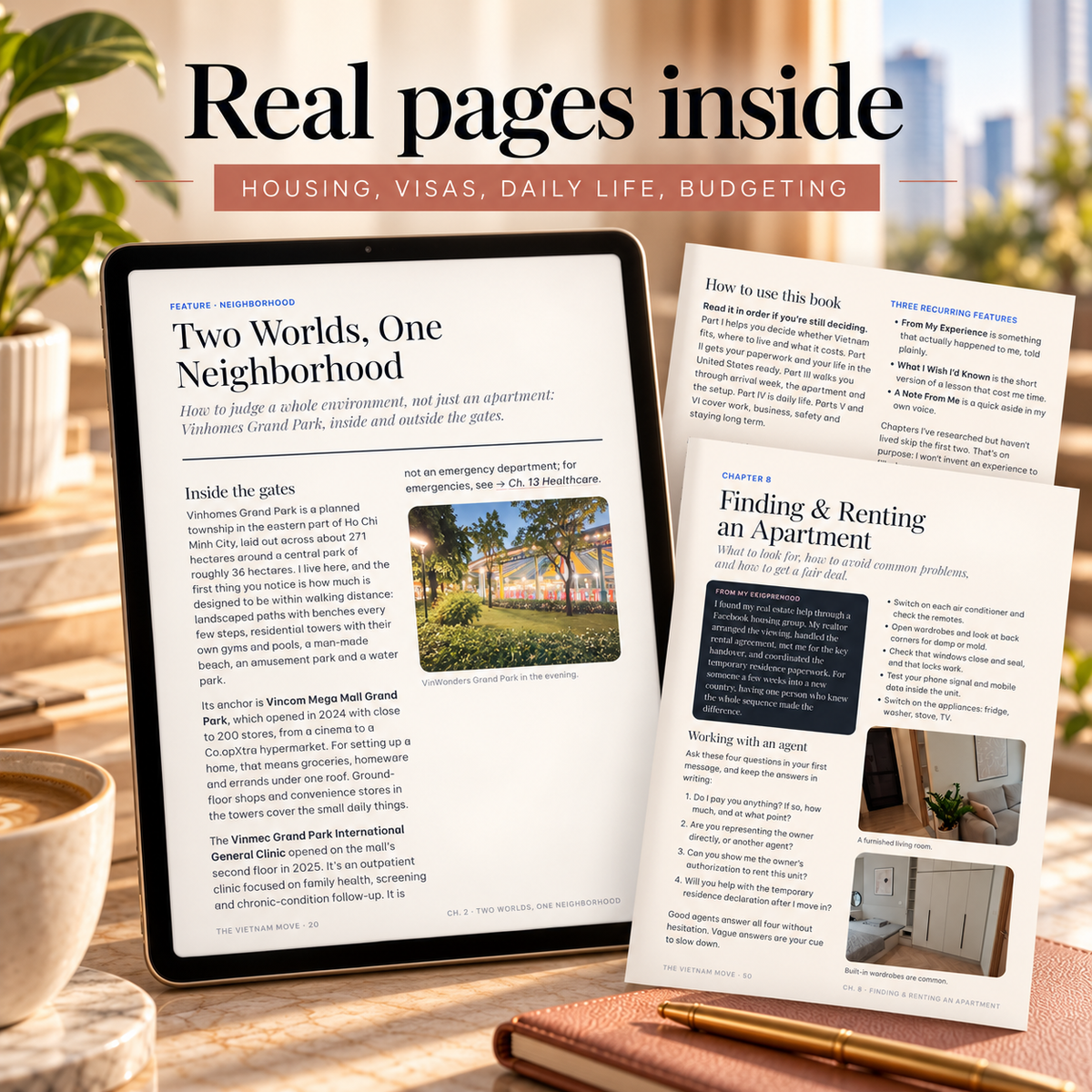 Real pages from The Vietnam Move on housing, visas, daily life and budgeting