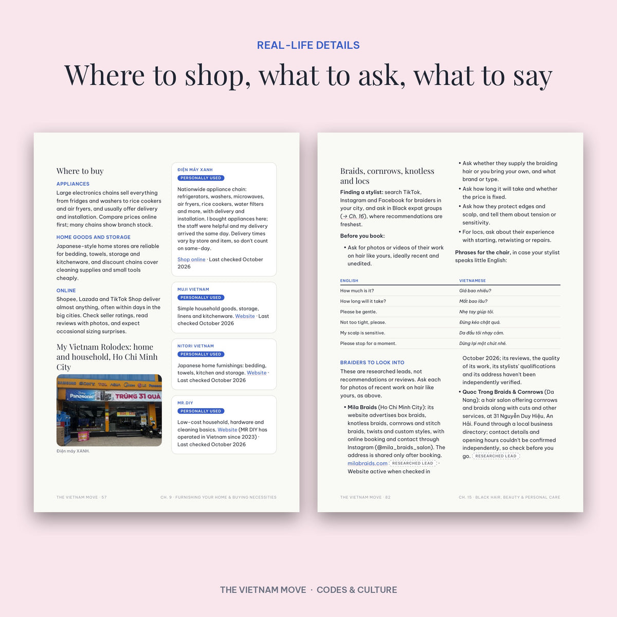 Pages from The Vietnam Move on where to buy home goods and Black hair care with Vietnamese salon phrases